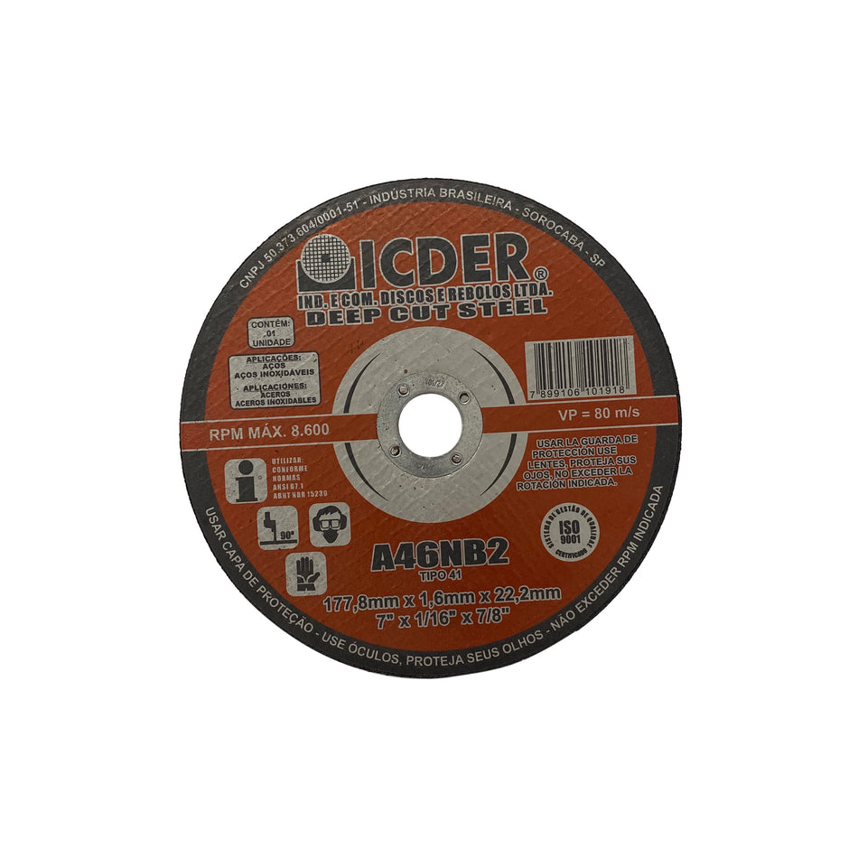 Disco De Corte - 7" x 1/16" x 7/8" - 2 Telas - Deep Cut - Icder - 177,8 x 1,60 x 22,2 mm