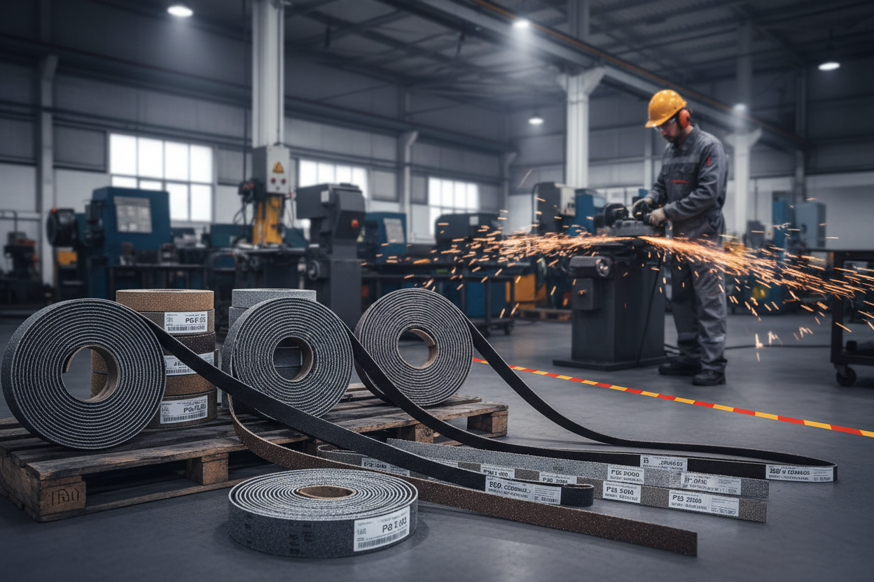 Imagem de fundo para e-commerce de abrasivos industriais, mostrando diversos produtos cinta de lixa em destaque, em diferentes larguras e comprimentos, posicionadas de forma organizada e profissional.
Ambiente industrial moderno, com máquinas ao fundo desfocadas, oficina ou chão de fábrica.
Iluminação forte e técnica, tons cinza, grafite e metálico, com detalhes em vermelho ou laranja industrial.
Estilo realista, alta definição, foco em textura da lixa, grãos abrasivos visíveis. com profissional trabalhado