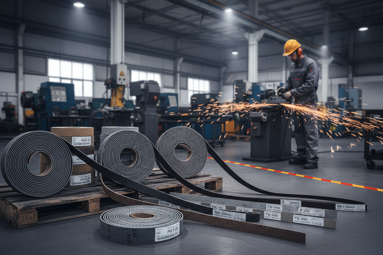 Imagem de fundo para e-commerce de abrasivos industriais, mostrando diversos produtos cinta de lixa em destaque, em diferentes larguras e comprimentos, posicionadas de forma organizada e profissional.
Ambiente industrial moderno, com máquinas ao fundo desfocadas, oficina ou chão de fábrica.
Iluminação forte e técnica, tons cinza, grafite e metálico, com detalhes em vermelho ou laranja industrial.
Estilo realista, alta definição, foco em textura da lixa, grãos abrasivos visíveis. com profissional trabalhado